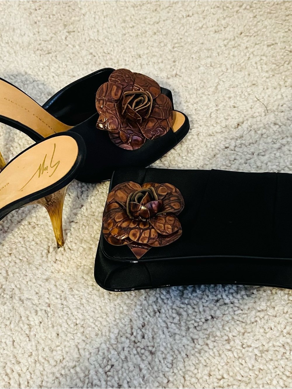 Giuseppe Zanotti Design Satin Floral Mule Heels & Matching Clutch